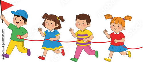 Happy children running in a relay race, one holding a red flag, teamwork and sportsmanship concept for school, education, or kids' activity illustrations