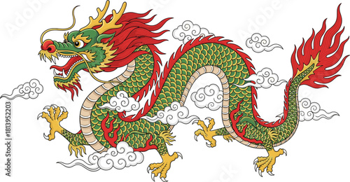 Majestic Chinese dragon with green scales and red mane flying among clouds, traditional mythical creature for cultural, festival, or zodiac design projects