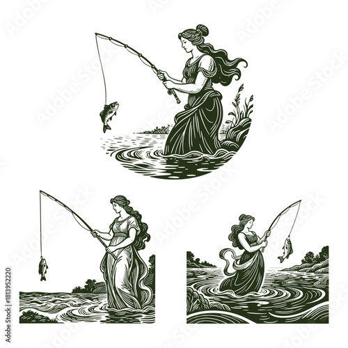 Vintage engraving style illustration featuring a beautiful goddess fishing in a river or lake, vector template