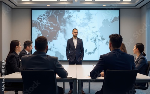 a group of employees are sitting in a meeting and listening to what their boss is saying about business in the organization in the small meeting room, generative AI. High quality