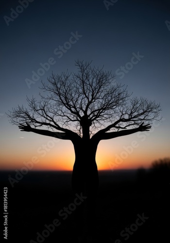 Silhouette of a Human Tree at Sunset - A silhouette of a figure merging with a bare tree, arms outstretched against a vibrant sunset sky, creating a unique and evocative