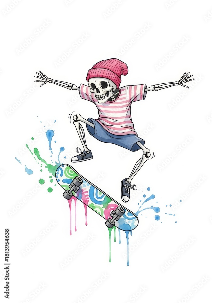Obraz premium Skeleton Skateboarding Cartoon Illustration - A fun cartoon illustration of a skeleton wearing casual clothes and a beanie, skateboarding with colorful paint splatters