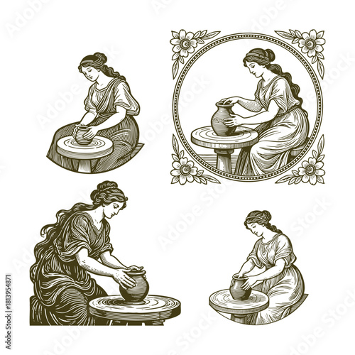 Vintage engraving style illustration of an elegant woman or artisan working on a pottery wheel. vector template