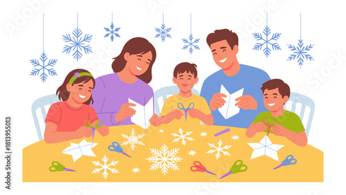 Winter Family Crafting: A warm and inviting scene of a family crafting together, meticulously creating festive snowflakes. The air is filled with creativity.