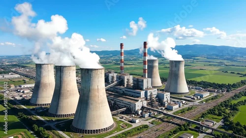 Aerial shot of a coal power plant with cooling towers emitting steam, set against a blue sky and green landscape. Focus on industrial energy generation.