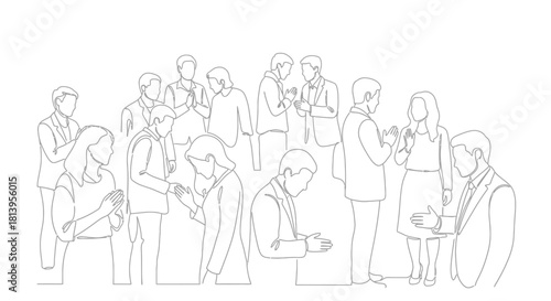 Line drawing illustration featuring diverse group of business professionals engaging in prayer