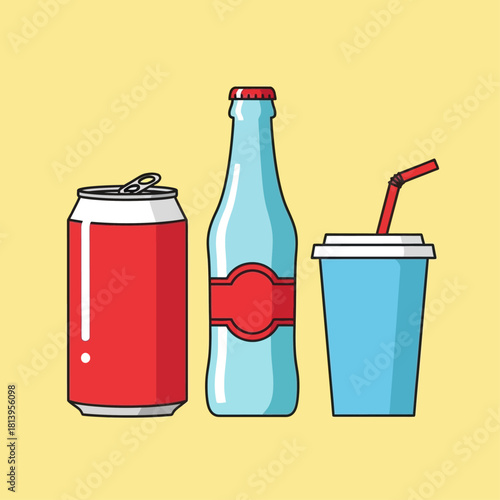 Illustration of a soda can, glass bottle, and a plastic cup with a straw.