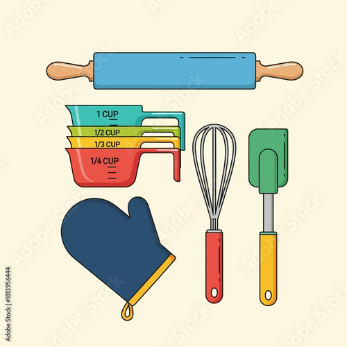 A collection of colorful baking utensils including a rolling pin, measuring cups, whisk, spatula, and an oven mitt.