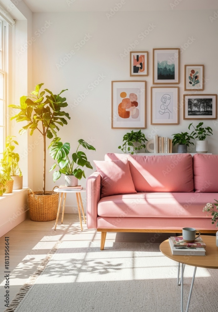 Obraz premium Sunny Living Room with Pink Sofa - A bright and airy living room with a pink sofa, plants, and natural light. Modern decor creates a cozy and inviting space