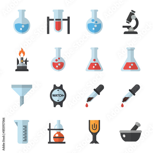 A collection of flat design icons representing various chemistry laboratory equipment and scientific instruments on a white background.