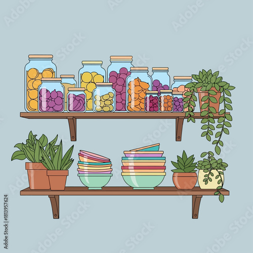 Illustration of two wooden shelves with jars of preserves, colorful stacked bowls, and potted houseplants.