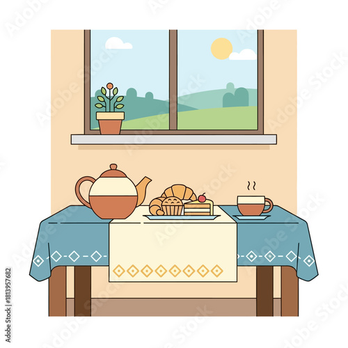 A cozy breakfast scene with a teapot, pastries, and coffee on a table by a window overlooking a sunny landscape.