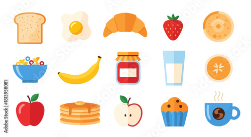 Breakfast food collection bread eggs croissant strawberry pancakes vector design