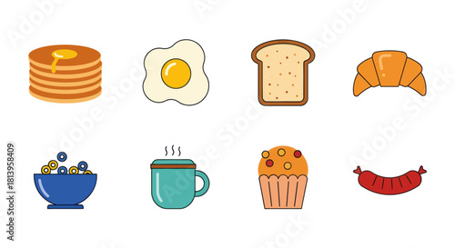 Breakfast food collection pancakes eggs toast croissant cereal coffee muffin sausage