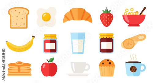 Breakfast food collection toast egg croissant strawberry cereal pancake