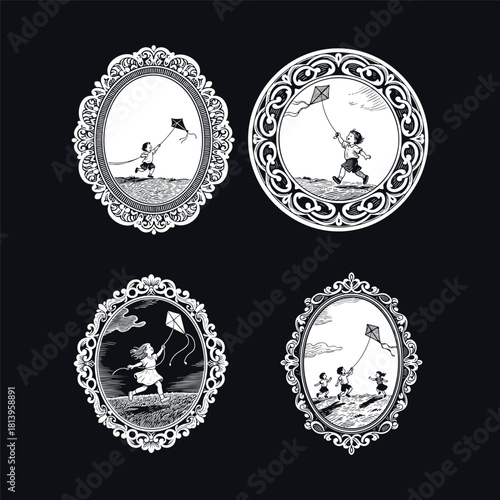 A charming set of vintage engraving illustrations depicting happy children running and flying kites, enclosed within ornate decorative frames