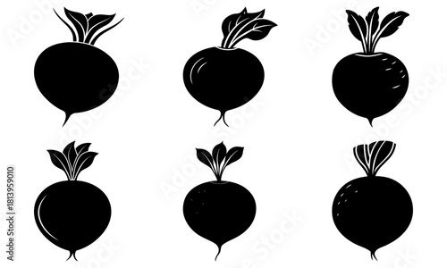 Silhouette illustration of six turnips with varying leaf arrangements and root shapes in black and white style
