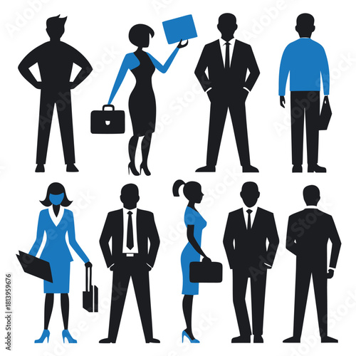 “Stylized Silhouettes of Business Professionals in Formal Attire – Black and Blue Vector Illustration”Adobe Illustrator Artwork