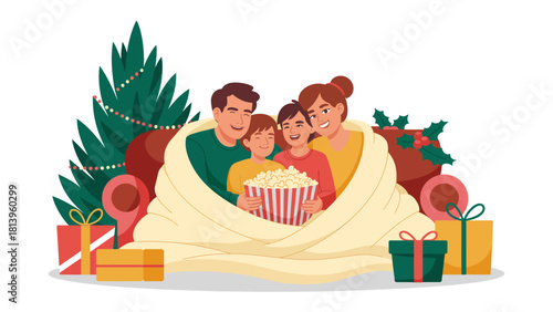 Christmas Movie Night Cozy: A family is snuggled together under a blanket, enjoying popcorn and a movie during the Christmas season, surrounded by festive gifts.