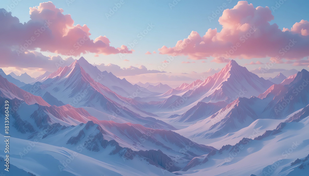 Fototapeta premium fairy tale pastel mountains with smooth soft curves, glowing clouds, pink and baby