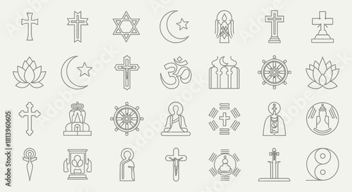 Collection of religious symbols representing various faiths and spiritual beliefs worldwide