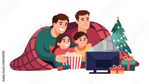 Cozy Family Movie Night: A family huddled together, sharing popcorn and laughter, watches a movie on TV, illuminated by the glow of the screen and a festive Christmas tree.