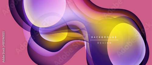 Abstract fluid shapes overlap, creating vibrant color gradients. Pink backdrop complements purple, yellow hues. Modern design element.