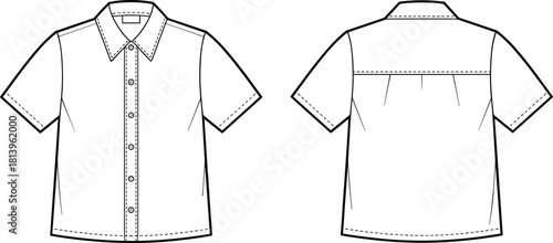 Detailed short-sleeve button-down shirt fashion flat sketch showcasing classic collar, front placket, back yoke, clean lines, technical apparel design template illustration