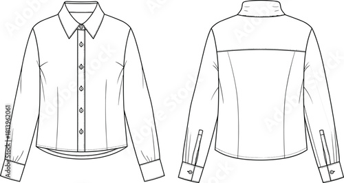 Detailed long-sleeve button-down shirt flat sketch featuring structured collar, tailored seams, back yoke, cuff details, and professional apparel design technical illustration template