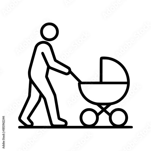 Parent strolling with baby carriage line icon