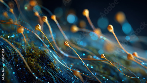 Macro Photography Organic Structures With Water Droplets On Golden Filaments Blue Background Natural Detail Botanical Closeup Art