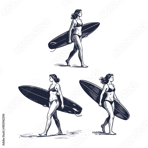 vintage style illustration of a beautiful young woman in a bikini walking on the beach while carrying a surfboard, vector template