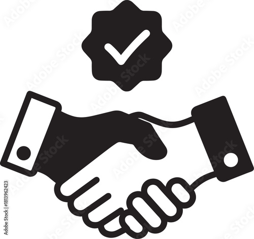 Black handshake icon with checkmark badge on white background agreement deal