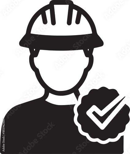 Black icon of a person wearing a hard hat with a checkmark worker safety