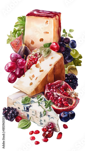 Watercolor gourmet cheese platter with fresh fruits like grapes, figs, and pomegranate