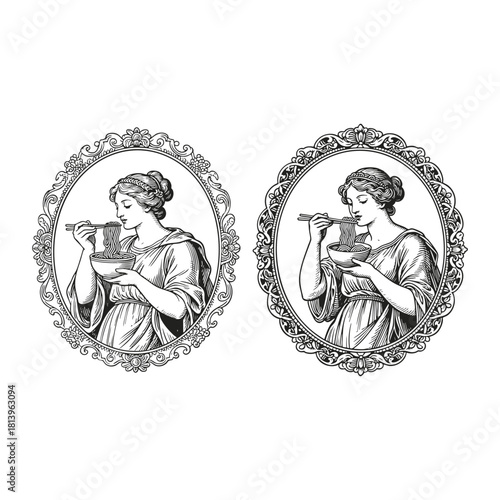 A humorous and unique vintage engraving illustration of a classical goddess eating noodles with chopsticks from a bowl, set inside an ornate oval frame