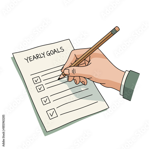 Hand writing yearly goals on checklist paper with pencil  