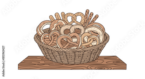 Basket filled with assorted pretzels on wooden table  