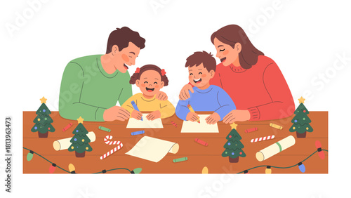 Family's Christmas Crafts: A close-knit family, beaming with happiness, gathers around a table decorated with festive elements to create holiday crafts, fostering a sense of warmth and creativity.