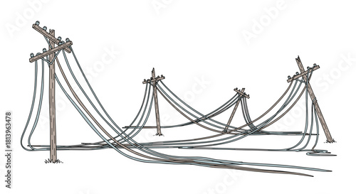 Downed power lines and poles after hurricane damage, illustration  