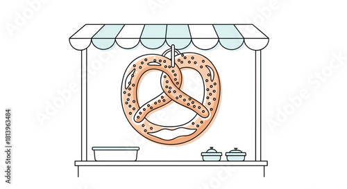 Pretzel hanging at food stall with condiments below in pastel colors  
