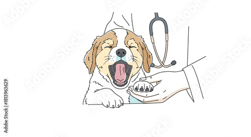 Puppy yawning during veterinary checkup with stethoscope in background  