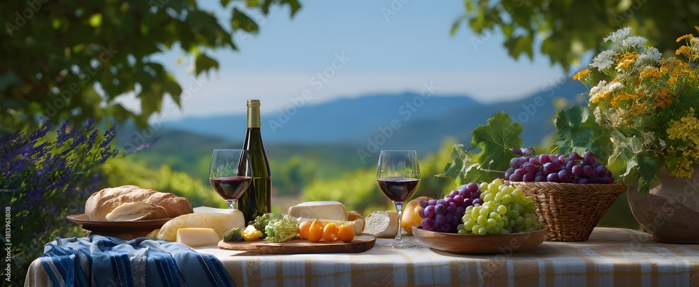 Naklejka premium Sunshine heats a vineyard table loaded with fresh eats and wine bottles