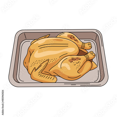 Whole roasted chicken on tray ready for serving  
