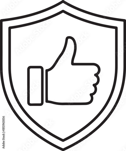 Black outline shield with thumbs up icon on white background like approval