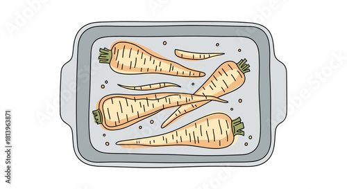 Roasted parsnips in baking dish on white background  