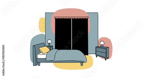 Bedroom with bed and closed blackout curtains in minimalist style  