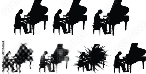 Vector silhouette set of man playing grand piano, classical musician performing, halftone and grunge artistic style, black isolated icons.