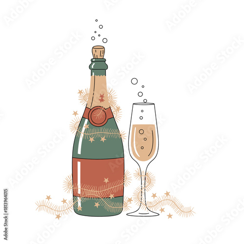 Champagne bottle with glass and festive decorations in illustration  