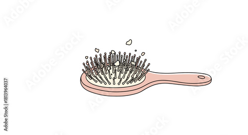 Hairbrush with scalp flakes falling on white background  